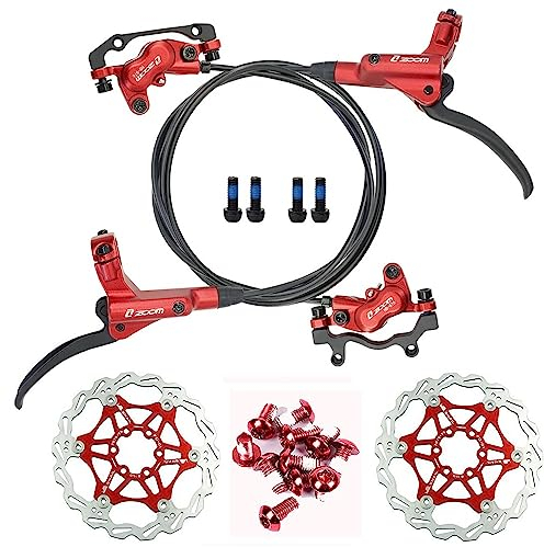 NYK Zoom Hydraulische Scheibenbremsen mit 4 Kolben, Mountainbike-Sets, MTB vorne und hinten, Set mit schwimmendem Scheibenrotor 160 mm & Farbschrauben (rot)