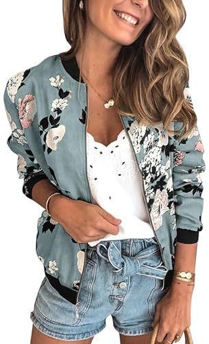 ECOWISH Damen Casual Jacke Blumenmuster Langarm Bomberjacke Reißverschluss Stehkragen Outwear Kurz Coat Herbst Frühling