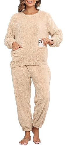 CheChury Pigiama Invernale Stile Unisex Set Pigiama Morbido E Caldo Girocollo Pigiama in Pile Set in Due Pezzi con Maniche Lunghe E Pantaloni Lunghi con Tasche Pigiamone Felpato Uomo E Donna