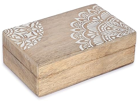 Ajuny Handmade Wooden Jewellry Box for Men & Women - Floral Decorative Keepsake Jewellery Organiser Treasure Chest Multipurpose Storage Box Unique Gift Idea - 20X13 CM