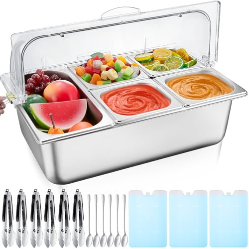Tessco for you 16 Pcs Countertop Chilled Condiment Container Set with Lid, Stainless Steel Salad Cold Ice Food Spice Serving Display Caddy for Buffet Restaurant Kitchen Party(5 Compartments)