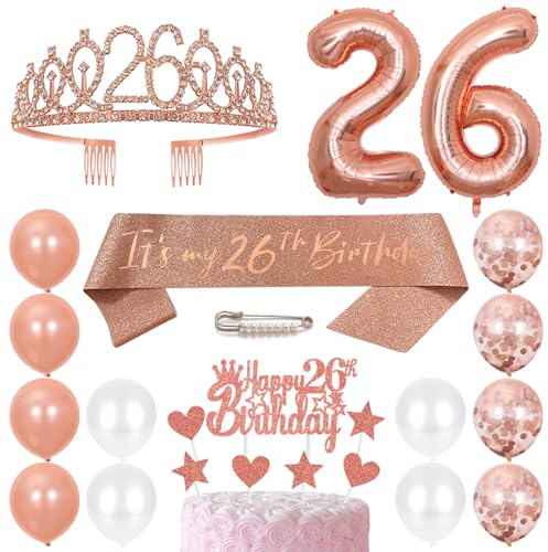 26. Geburtstags Krone Schärpe Frauen Kristall Queen Tiara Princess Crown 26 Jahre Geburtstag Tortendeko Helium Foil Ballons Roségold Luftballon Zahl 26 Geburtstagsdeko für Damen Party Dekorations