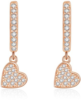 Zolkamery Silver Hoops Earrings for Women, 925 Sterling Silver Dangling Hoop Earrings with Heart Pendant, Hypoallergenic Huggie Drop Earrings with Zirconia, Rose Gold Dangle Earrings for Party Daily