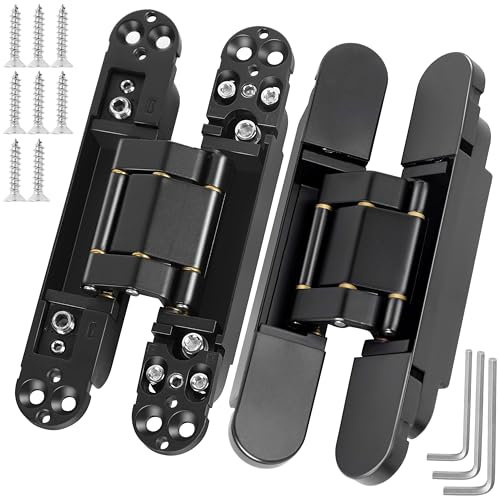 Hawaminent Bisagra oculta invisible para puerta oculta, 6 pulgadas, 3 vías, oscilación de 180 grados, bisagras ocultas de puerta secreta resistente, soporte de estructura de cobre mejorado (2 negras)