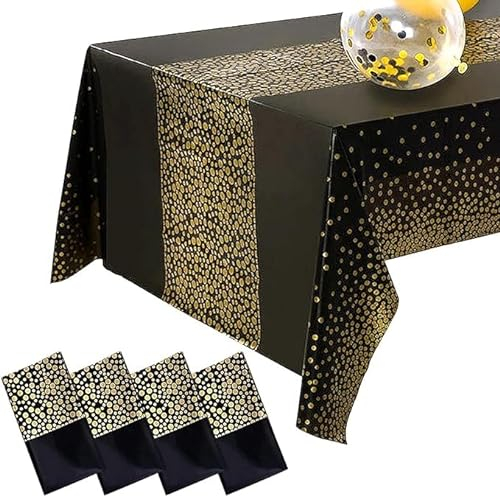 AMJKEJI Tischdecke Schwarz Gold 137 x 274 cm - 4 Stück Rechteckig Wiederverwendbar für Geburtstag, Hochzeiten, Halloween, Weihnachten, Karneval