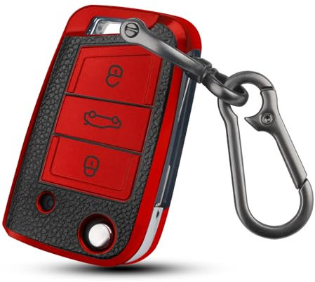 QBUC Dermatoglyph Schlüsselhülle Passend für Volkswagen, DREI-Knopf-Autoschlüsselkasten, Auto Kratzfestes Schlüsseletui, Passend für Schlüsseletuis von Volkswagen Polo, Skoda, Tiguan (D-Rot)