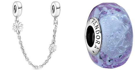PANDORA Sicherheitskette Gänseblümchen 5cm 798764C01 & Wellenförmiges Lavendelblaues Murano-Glas Charm, 798875C00, Lila, 1,3cm