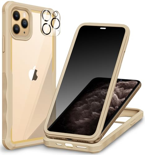 CENHUFO Sichtschutz Hülle für iPhone 11 Pro, mit Eingebautem Privacy Panzerglas Displayschutz und Kameraschutz, 360 Grad Handyhülle Schutzhülle Stoßfest Panzerhülle Anti Spy Cover Case - Beige
