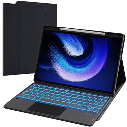 ROOFEI für Xiaomi Pad 6/Pad 6 Pro 11 Zoll Hülle mit Tastatur (QWERTZ-Layout) : 7-Farbiger Beleuchtung, Smart Touchpad, Abnehmbare Tastatur Hülle mit Stifthalter, Schwarz