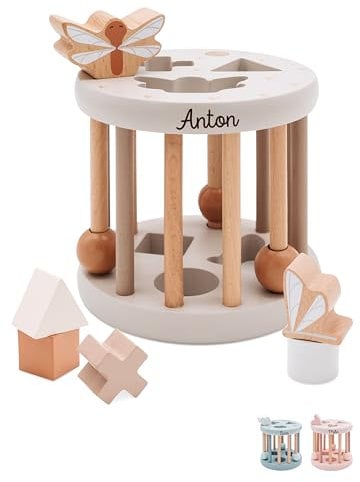 wunderwunsch® - Personalisiertes Formen-Sortier-Rad aus Holz - Montessori Würfel - Baby Motorikspielzeug ab 1 Jahr - Baby Spielzeug 1 Jahr (Nougat, mit Name)