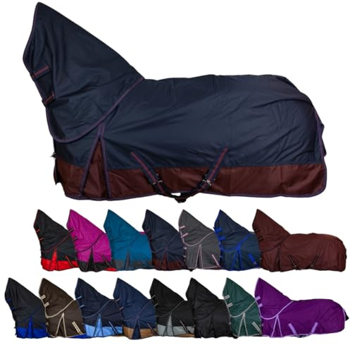 RL24 - Weidedecke Full Neck Basicline 600D Nylonfutter m. Füllung – Pferde Winterdecke – wasserdichte Outdoordecke m. Kreuzbegurtung – Pferdedecke in Marine/Kastanie – Größe 135cm (200g/m²)