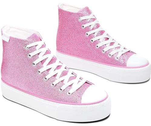 ALTOCIS High-Top-Glitzer-Sneaker, mittelhoch, Plateau, glitzernde Pailletten, niedlich, glänzend, modische Sneaker, glitzernde Plateau-Wanderschuhe, pink, glitter, 35 EU
