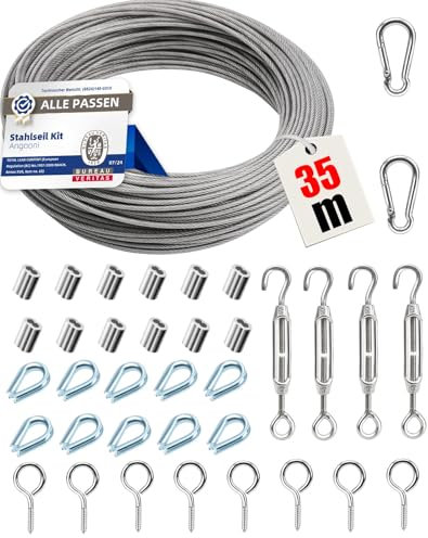Angooni 35 m Stahlseil Set, Verdickt 3 mm Edelstahl Drahtseil, M5 Seilspanner Edelstahl Spannschloss, M5 Wandhaken, Stahlseil Set mit ösen, Rankhilfen für Kletterpflanzen, Gardinenseil, Zaun