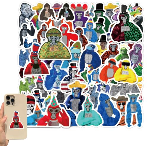 60Pcs Gorilla Tags for Kids & Adults - Multicolored Waterproof Vinyl Stickers, Funny Cartoon Gorilla Decals for Laptop, Water Bottle, Phone, Scrapbook, Luggage, DIY Crafts, and More