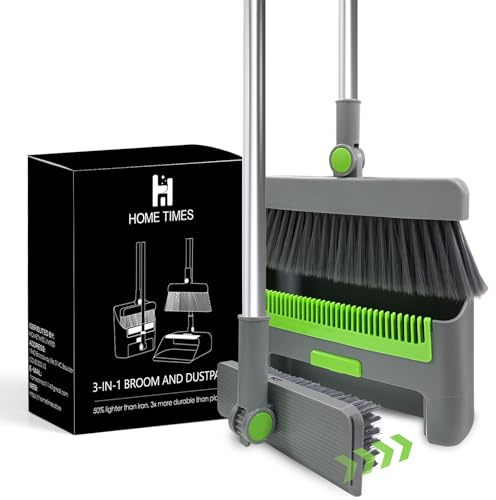 Hometimestore 3-in-1 Abnehmbare Besen und Kehrschaufel Set mit Stiel & Bodenbürste, 180° Drehbarer Edelstahlgriff Platzsparendes Kehrset für Haushalt, Zimmer, Innen, Balkon, Draußen
