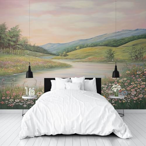 Aquarell Wald Landschaft Schlafzimmer Fototapete 3D Effekt Blumen Fluss Wiese Wandtapete Schlafzimmer 300x210 cm Vlies Tapeten Moderne Wandtapete Wohnzimmer Wandbilder Dekoration