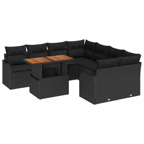 vidaXL 9-teiliges Garten-Sofa-Set mit Kissen in Schwarz, aus Poly Rattan und pulverbeschichtetem Stahl – Gartenmöbel für die Terrasse oder den Patio, Lounge-Suite für entspannte Stunden im Freien