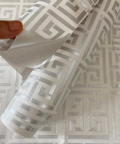 Silver White Geometric Peel and Stick Wallpaper 17.7 x 236.0, Embossed Greek Key Lines Self Adhesive Contact Paper for Walls Shelves Cabinet Decoration