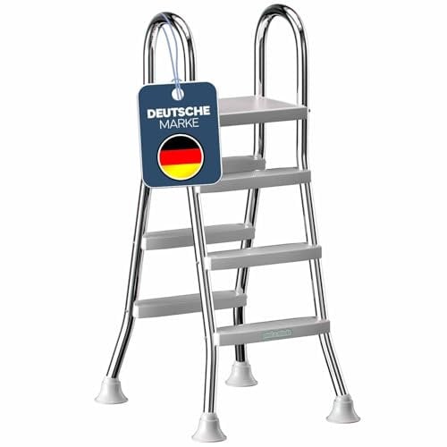 poolomio® Échelle de piscine en acier inoxydable avec main courante jusqu'à 120 cm - Échelle avec 3 marches pour piscines hors-sol de 0,9 m à 1,22 m - Entrée sûre, durable, stable - Charge maximale