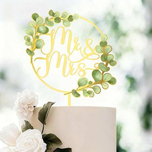 HSC Wedding Cake Topper, Wedding Cake Decorations, Bride and Groom Cakes Topper, Mr & Mrs Acrylic Cakes Toppers with Leaf Design for Anniversary Engagement Proposal Party Cupcake Decoration