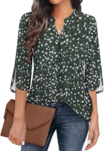 Flikity Blouses for Women Fashion Dressy 3/4 Sleeve Womens Tunics Tops Dress Shirts for Business Formal Ladies Office Work Tops V Neck Blouse Professional Interview Green Dots X-Large