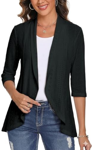 GLEENOD Gilet Femme Manches 3/4 Cardigan Ouvert Long en Maille | Manches 3/4, devant ouvert sans boutons, maille légère, coupe ample