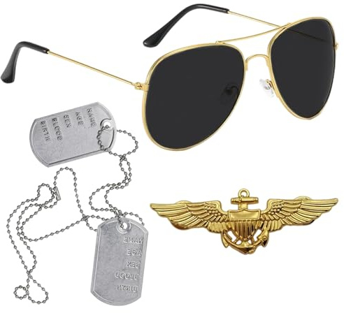 KBSICWO 3 Stück Flieger Captain Kostüm Set, Pilotenbrille, Pilotenabzeichen und Erkennungsmarke, Pilot Kostüm Zubehör für Armee Militär Cosplay Halloween Karneval Fasching Party