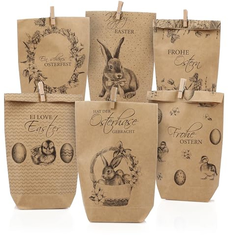 Nordstern Ostern Papiertüten 12er Pack mit Holzklammern - Kraftpapier Geschenktüten mit 6 Motiven - Ostertüten zum Befüllen für Ostergeschenke