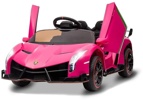 GarveeMore Coche Eléctrico Infantil Lamborghini 12V Licenciado – Puertas De Tijera con Control Remoto para Padres – Luces LED y Reproductor MP3 – Asiento Amplio – Juguete De Batería para Niños - Rosa