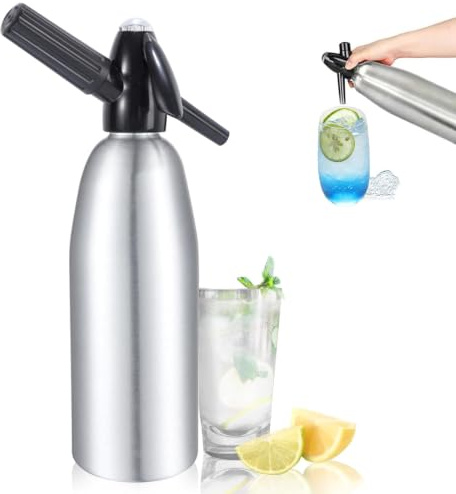 Soda Maker,Sifone per Soda Alluminio 1L,Soda Siphon Bottle con Regolatore di Pressione, Aluminium Sparkling Water Maker per succhi di frutta fatti in casa, Mojito, Cocktail, Bevande (Argento)