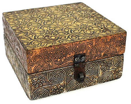 TEMPELWELT Holzbox Schatulle Indien 11 x 11 x 6 cm, Holzkästchen Messing Kupfer platiniert Ornamente Verzierungen, Schatzkiste Schmuckkiste, Box mit Klappdeckel