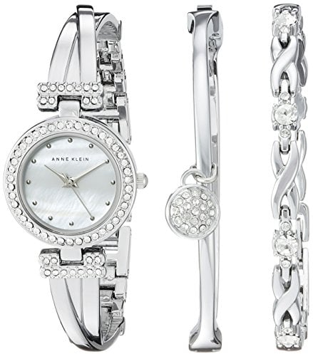 Anne Klein Women's Premium Crystal Accented Bangle Watch and Bracelet Set Silver