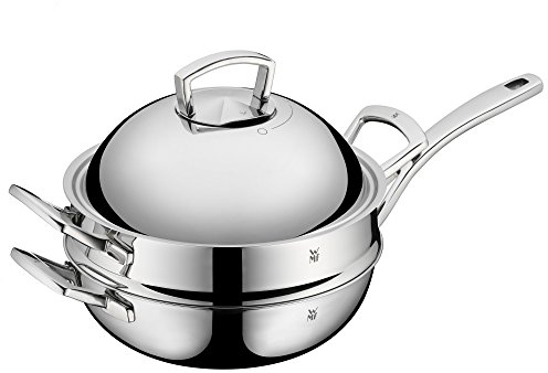 WMF Multiply Wok 28 cm mit Dämpfereinsatz, unbeschichtet, Metalldeckel mit Wrasenabzug, Mehrschichtmaterial, Cromargan Edelstahl, Alumiuniumkern, Induktion