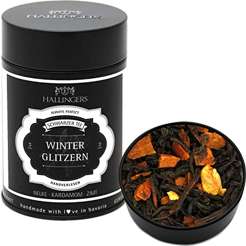 Hallingers Winterglitzern - Weihnachtlicher loser Schwarz-Tee mit Nelke, Kardamom & Zimt Geschenk zu Advent & Weihnachten (Dose) - Geschenk im Sommer & als perfektes Grillgeschenk | Genesung Silvester