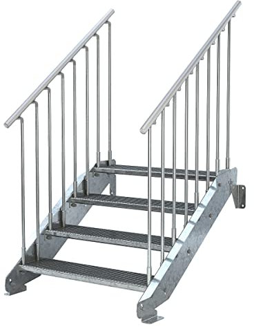Außentreppe 4 Stufen 100 cm Laufbreite - beidseitiges Geländer - Anstellhöhe 62 cm bis 84 cm - Gitterroststufe ST2 - feuerverzinkte Stahltreppe mit 1000 mm Stufenlänge als montagefertiger Bausatz