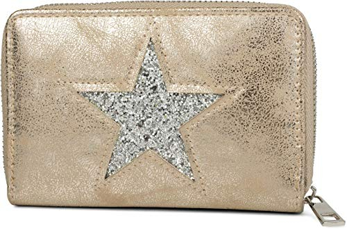 styleBREAKER Sac Portefeuille à étoile avec Aspect Paillette ou métallique, Fermeture éclair, Porte-Monnaie, Femme 02040076, Couleur:Doré Ancien/Argent