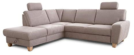 Cavadore Ecksofa Wisconsin mit Vorziehsitz / Eckcouch mit Federkern in Lederoptik / Inkl. 2 Kopfstützen + Bettkasten / Landhausstil / Holzfüße in Buche / Mikrofaser / 248 x 88 x 218 cm / Hellgrau