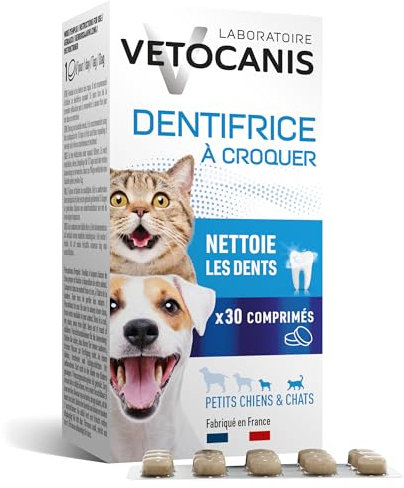 Vetocanis - Dentifricio per cani e gatti da masticare - Prodotto per la pulizia denti cane e gatto - Contro tartaro denti animali - Per cani e gatti di piccola taglia - Gusto Pollo - 30 pasticche