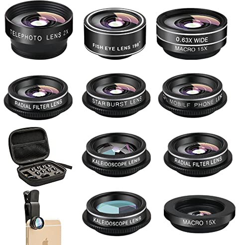 11-in-1 Handy-Kamera-Objektiv-Set, Weitwinkelobjektiv, Makroobjektiv, Fischaugenobjektiv, Teleobjektiv, CPL, Flow, Radial, Stern, Softfilter, Kaleidoskop-Objektiv, kompatibel mit iPhone, Samsung, Sony