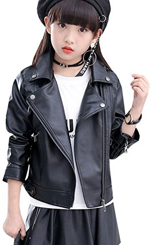 LSERVER Veste en Simili Cuir Zipper Manteau Court Veste Blazer à Manches Longues, Noir, 12-14 Ans(Taille Fabricant: 170)