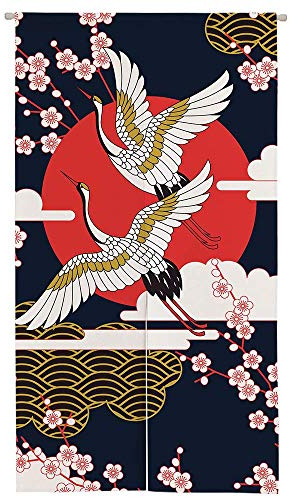 Ofat Home Japanischer Noren-Türvorhang, breit, künstlerischer Kran und Sakura, Wandbehang, Küchenteiler, Schlafzimmertür-Dekoration, 85 x 150 cm