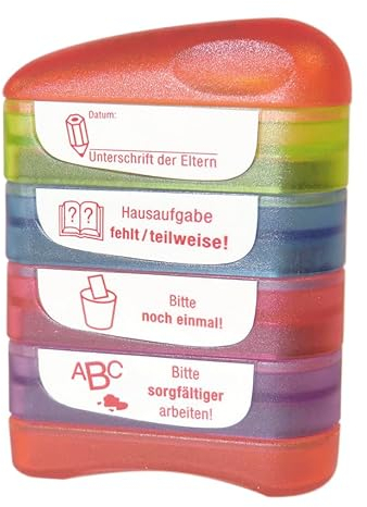 TimeTEX - Perpetuum Siebdruck-Stempel 4-in-1 Unterschrift | Wiederbefüllbarer Lehrerstempel für die Schule | 40x10 mm | ca. 5000 Stempelabdrücke | Stempelfarbe: rot