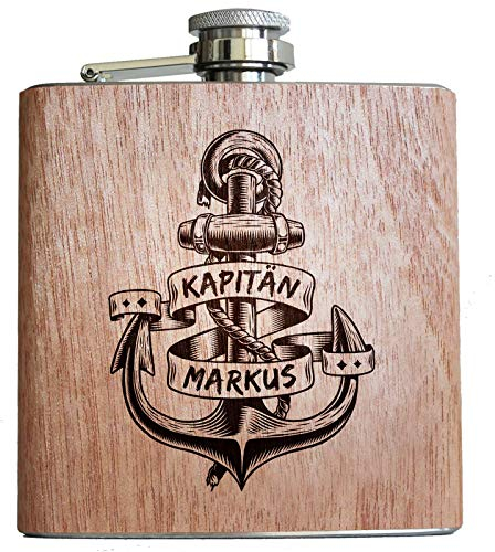 Pixelstudio Anker Holz Flachmann mit persönlicher Namens Gravur und Widmung! Geschenk Idee Segler Männer Frauen Kapitän Boot & Segeln