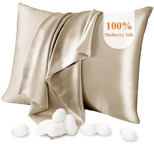 Jaciu 100% Silk Pillowcase for Hair and Skin, Pillow Cases Both Side Mulberry Silk Pillowcases 21 Momme 600 Thread Count Hidden Zipper Smooth Soft(Apricot, Standard 50x66cm,1pcs)