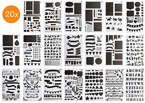 BLISSANY Schablonen Set - 20 Stück, Zeichenschablone/Schablonen zum Zeichnen, für Bullet Journal, Scrapbooking/Scrapbook, DIY, viele verschiedene Designs - Buchstaben, Zahlen, Muster – aus Kunststoff