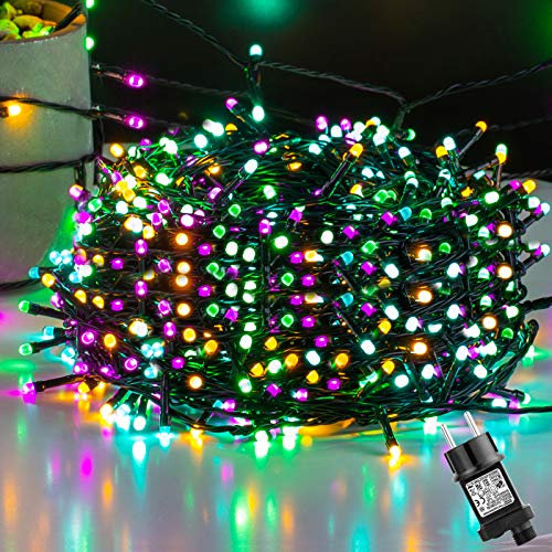 Ulinek Cadena de luces multicolor para exteriores, 50 m, 500 ledes, multicolor, con electricidad, decoración navideña, resistente al agua IP44 y 8 modos de visualización para ventanas, árbol de