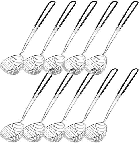 Geiserailie 10 Pieces Stainless Steel Hot Pot Strainer Scoops 2.5 Inch Mini Spider Strainer Skimmer Pasta Mesh Spoon Asian Skimmer Spoon Ladle with Handle for Home (Black)