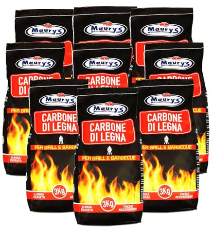 MAURY'S Set 9 Confezioni di Carbone in Legno Naturale da 3 Kg l'uno Pezzi di Carbone Nero Ideale per Barbecue, Camino e Grill per una Cottura Autentica