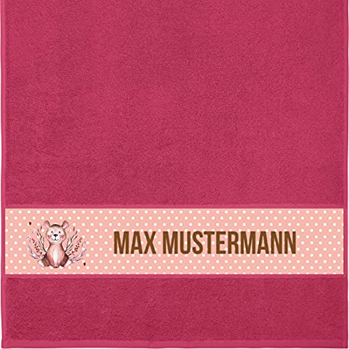Manutextur Handtuch mit Namen - personalisiert - Motiv Bär - viele Farben & Motive - Dusch-Handtuch - Fuchsia - Größe 50x100 cm - persönliches Geschenk mit Wunsch-Motiv und Wunsch-Name