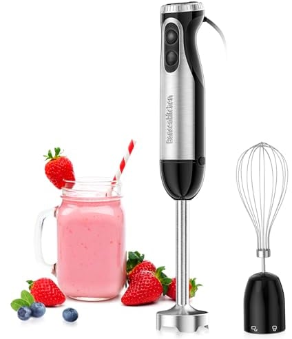 Bonsenkitchen Pürierstab, 2 en 1 Stabmixer Elektrischer, 20 Stufenlos Geschwindigkeiten, Edelstahl Schneebesen für Suppe, Smoothie, Püree, Babynahrung, Schwarz